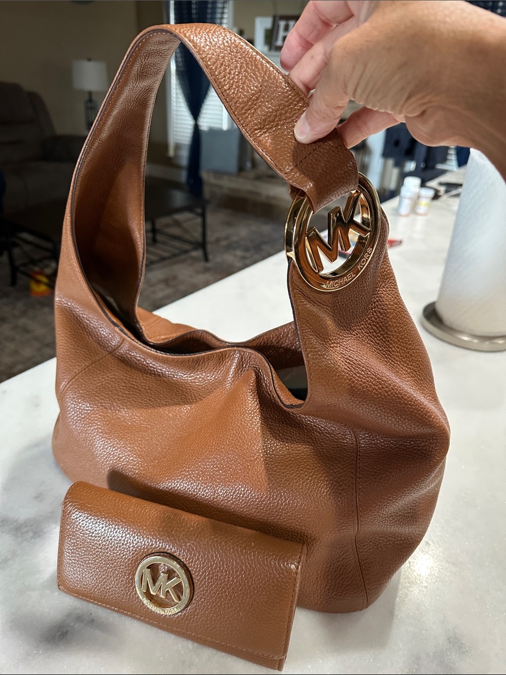 Michael Kors Tan Brown Pebbled Leather Shoulder Hobo with Wallet